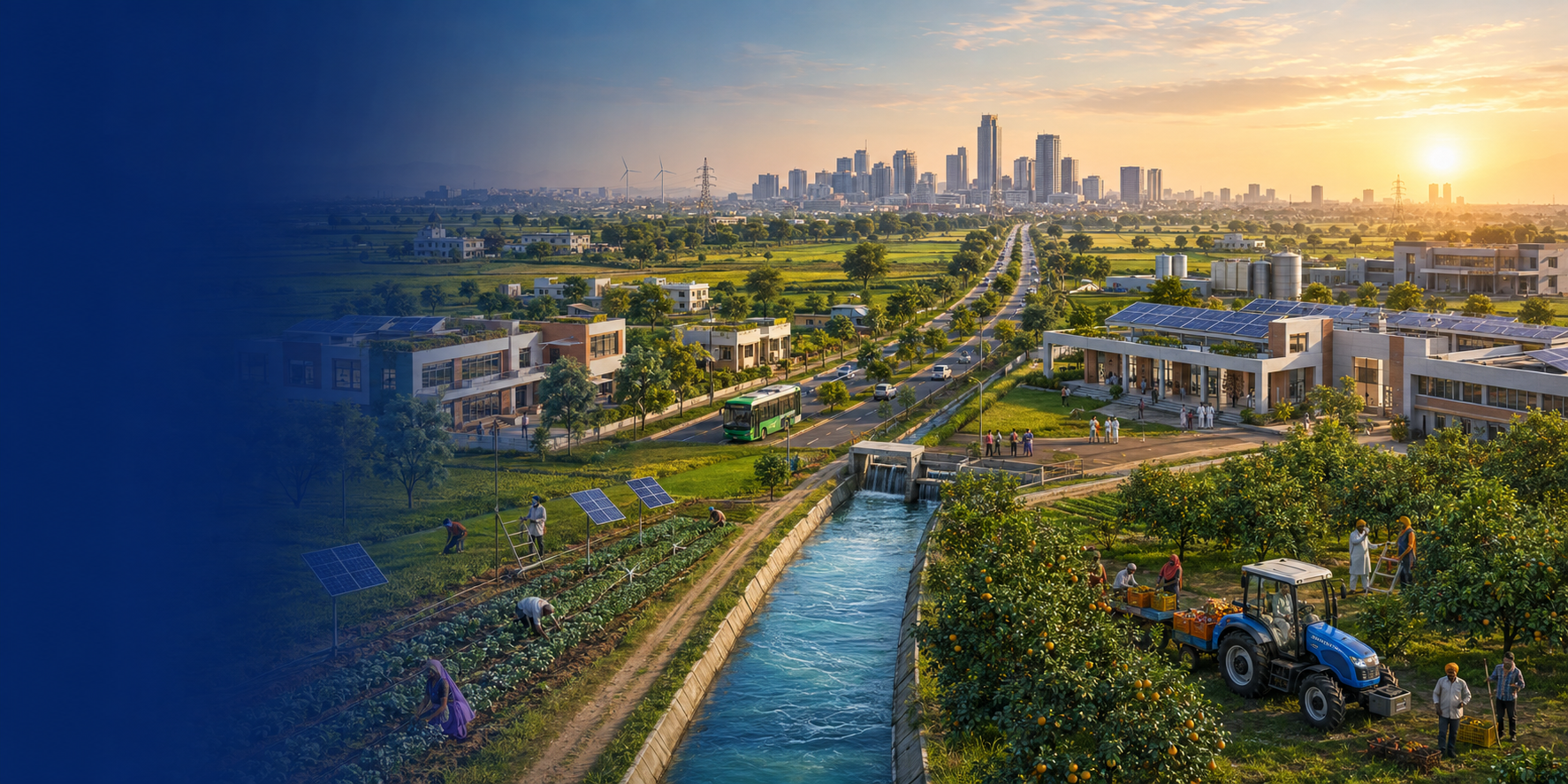 Aerial view of a modern Punjab landscape at sunrise: farmers working irrigated fields with solar panels, a flowing canal, an orchard with a tractor, a public school and health institution, a green city bus on a tree-lined highway and a distant city skyline.