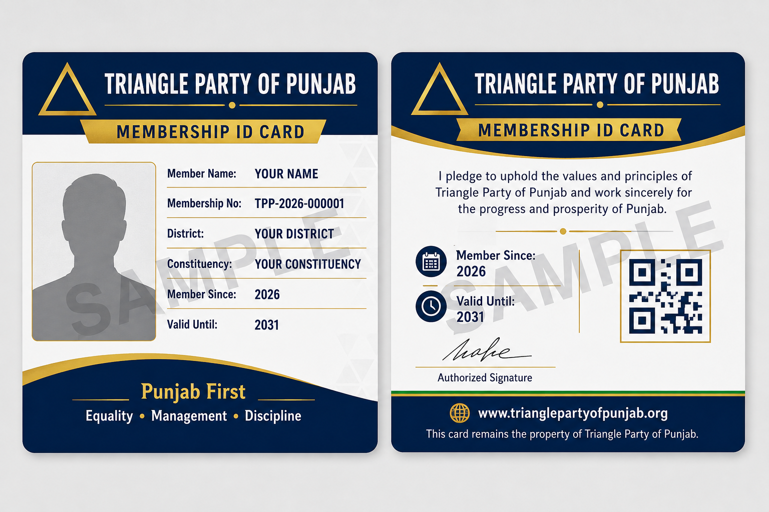 Sample Triangle Party of Punjab membership ID card — front and back