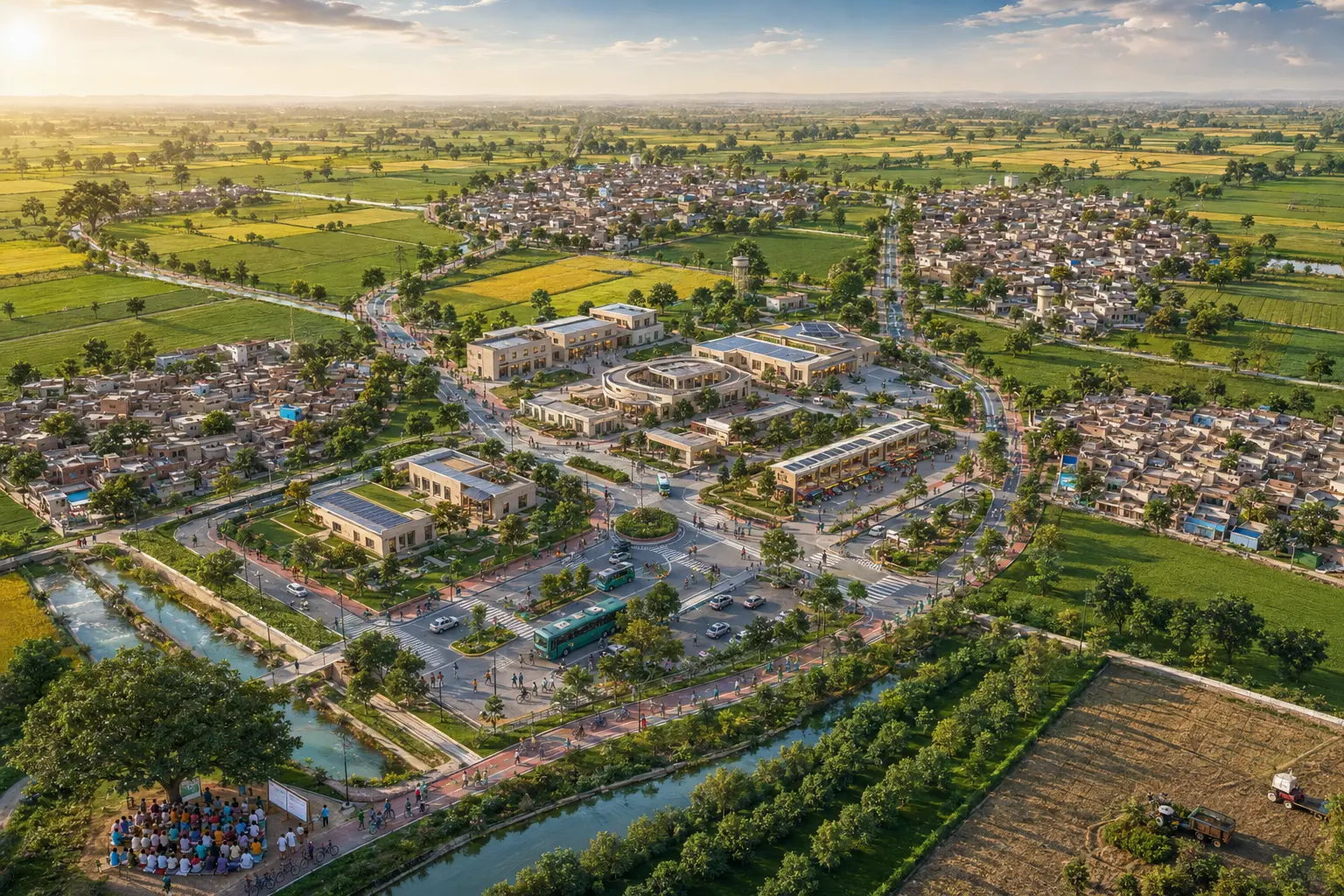Aerial view of a redeveloped Punjabi village region: a central service campus with Town Hall, school, clinic and covered market, ringed by existing villages, canal, cycle paths, buses and protected green farmland, with residents attending an open-air public consultation meeting.