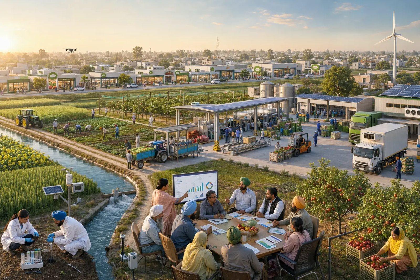 Farmers, women farmers and specialists meeting around a table with a data screen beside diversified fields, a clean canal, a soil and water testing team, a solar-powered processing centre, cold-chain trucks and community grocery stores.