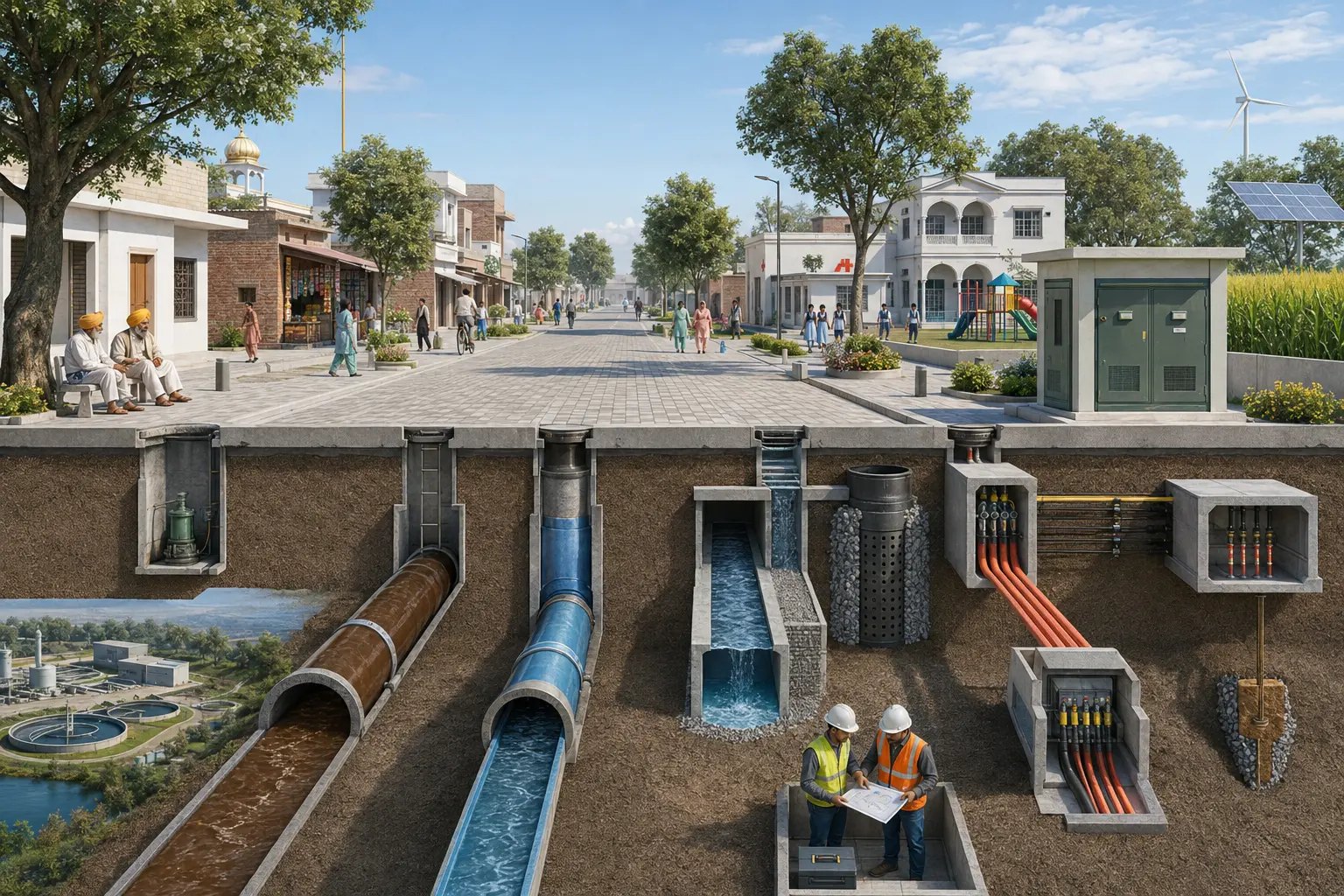 Cutaway illustration of a modern Punjabi village street: shops, homes and residents above ground, with separate underground sewer, stormwater, drinking-water and electrical cable systems below, a treatment plant inset, and two maintenance workers reviewing utility drawings in a trench.