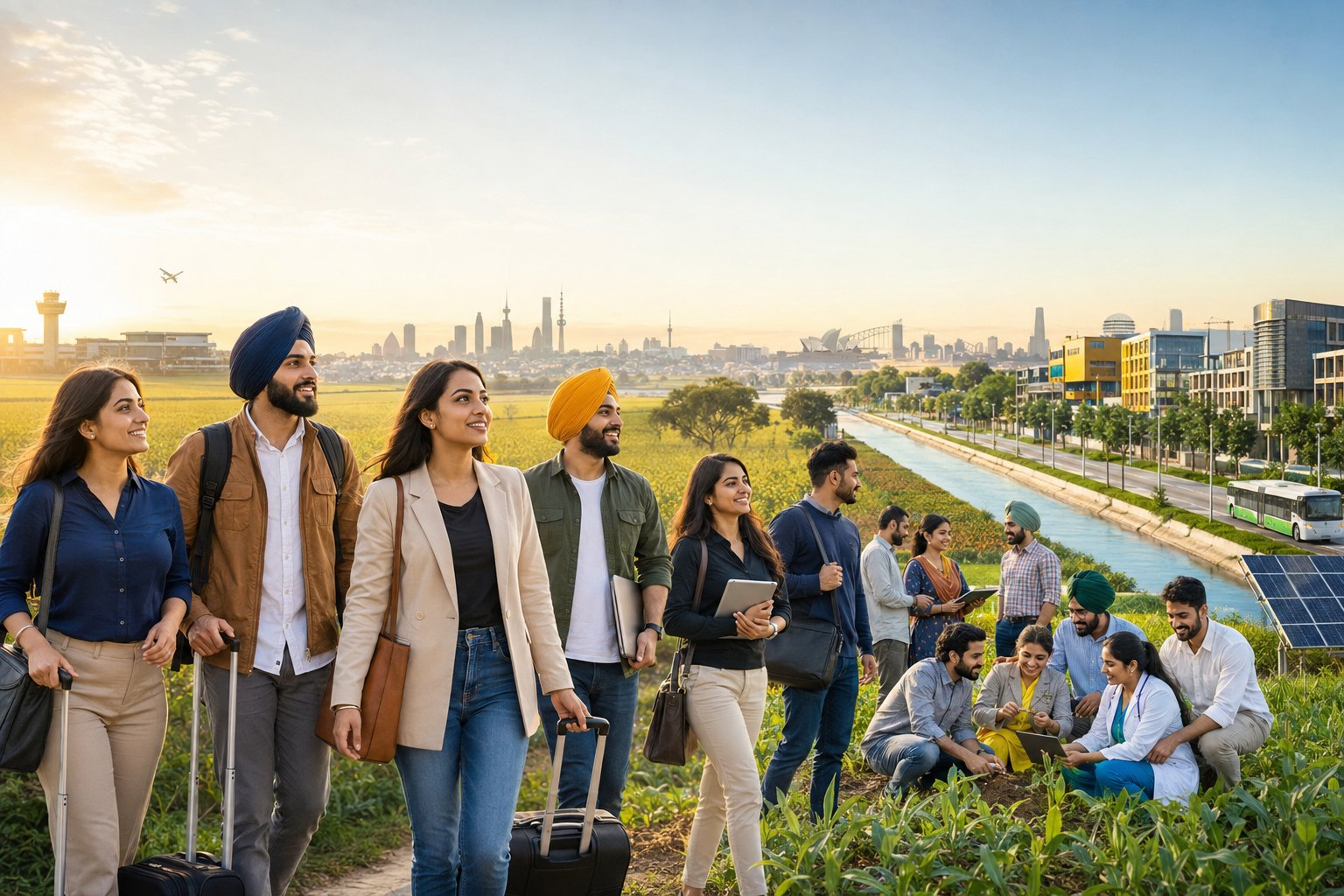 Punjabi youth with travel bags and laptops walking beside green fields, a canal, solar panels and modern city buildings, with agricultural and healthcare workers studying crops together.