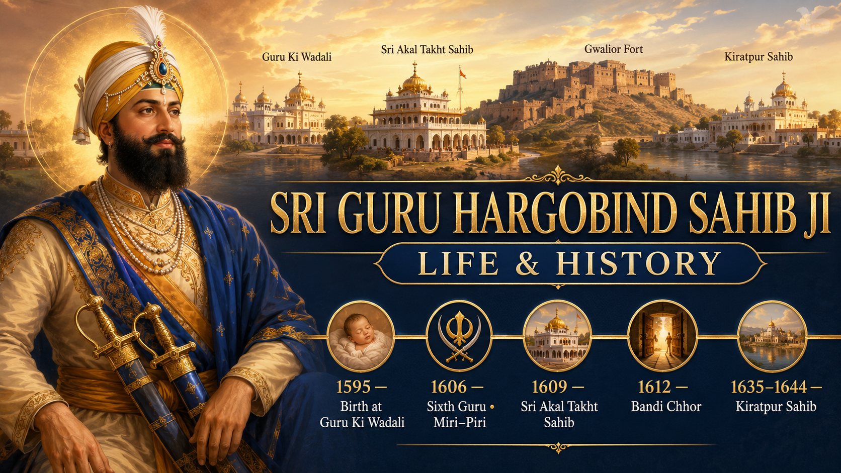 Illustrative artwork and timeline panel about Sri Guru Hargobind Sahib Ji, showing Guru Ki Wadali, Sri Akal Takht Sahib, Gwalior Fort and Kiratpur Sahib with the years 1595, 1606, 1609, 1612 and 1635–1644.