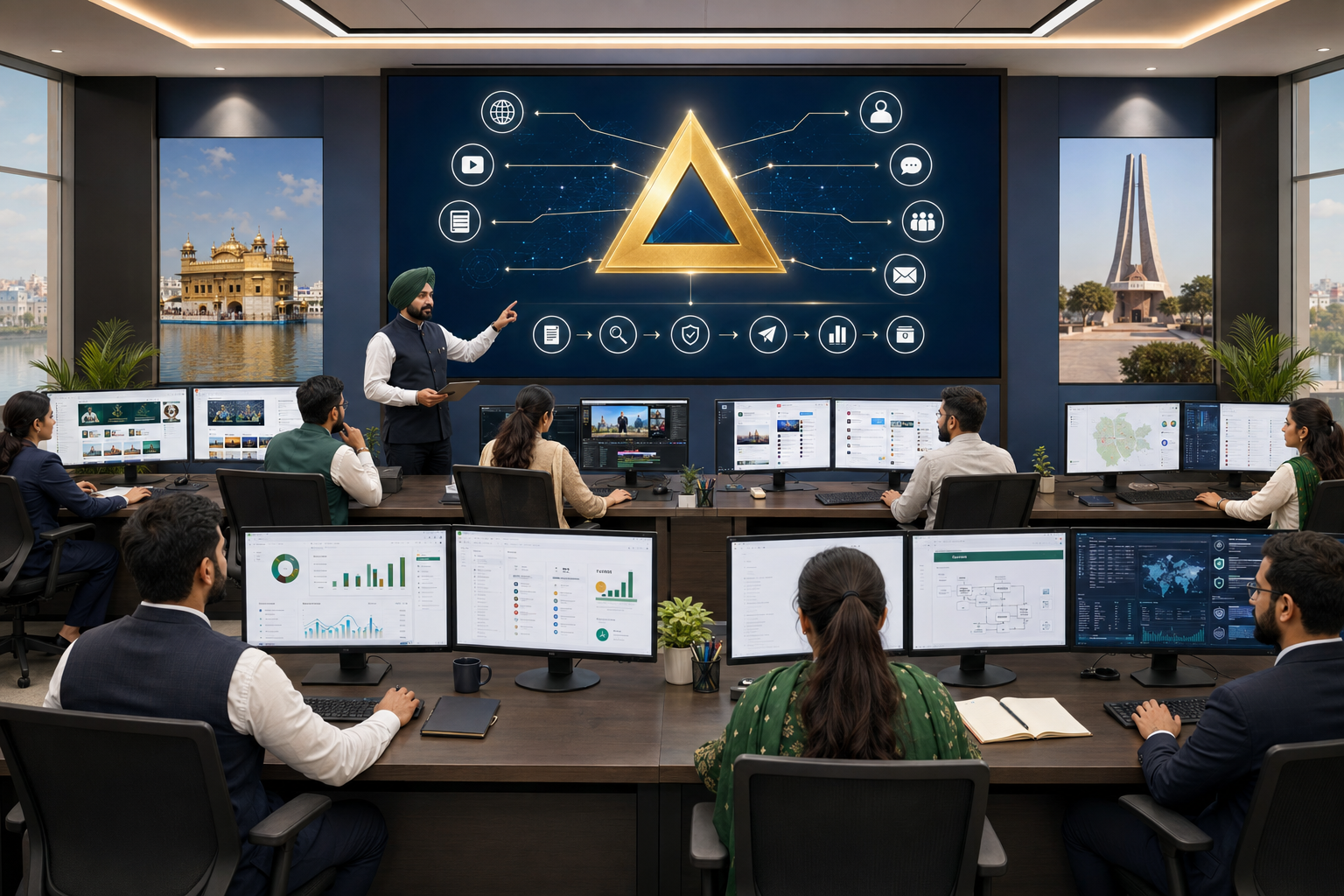 Team members of the Triangle Party of Punjab Web, IT and AI Cell working at monitors in a digital operations room, while a coordinator presents a large screen showing a golden triangle connected to website, video, content, community and messaging icons.
