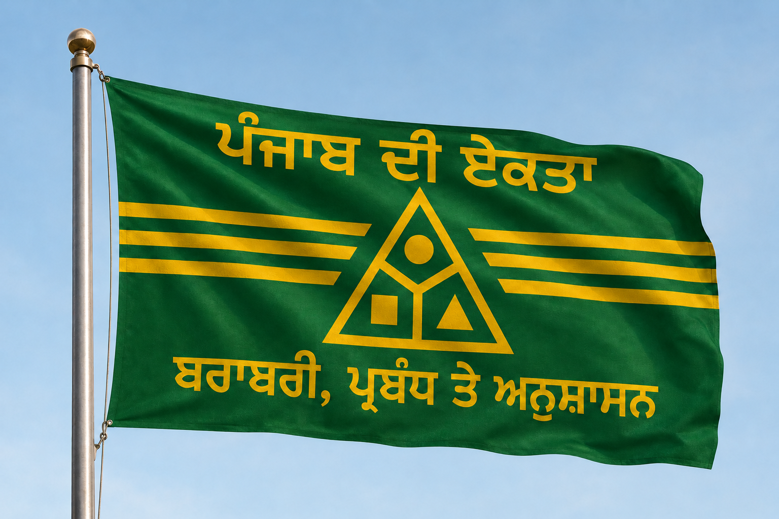 Official waving flag of the Triangle Party of Punjab on a flagpole: a green field with golden bands, the golden triangular party emblem in the centre, the Punjabi words for “Unity of Punjab” above and “Equality, Management and Discipline” below.
