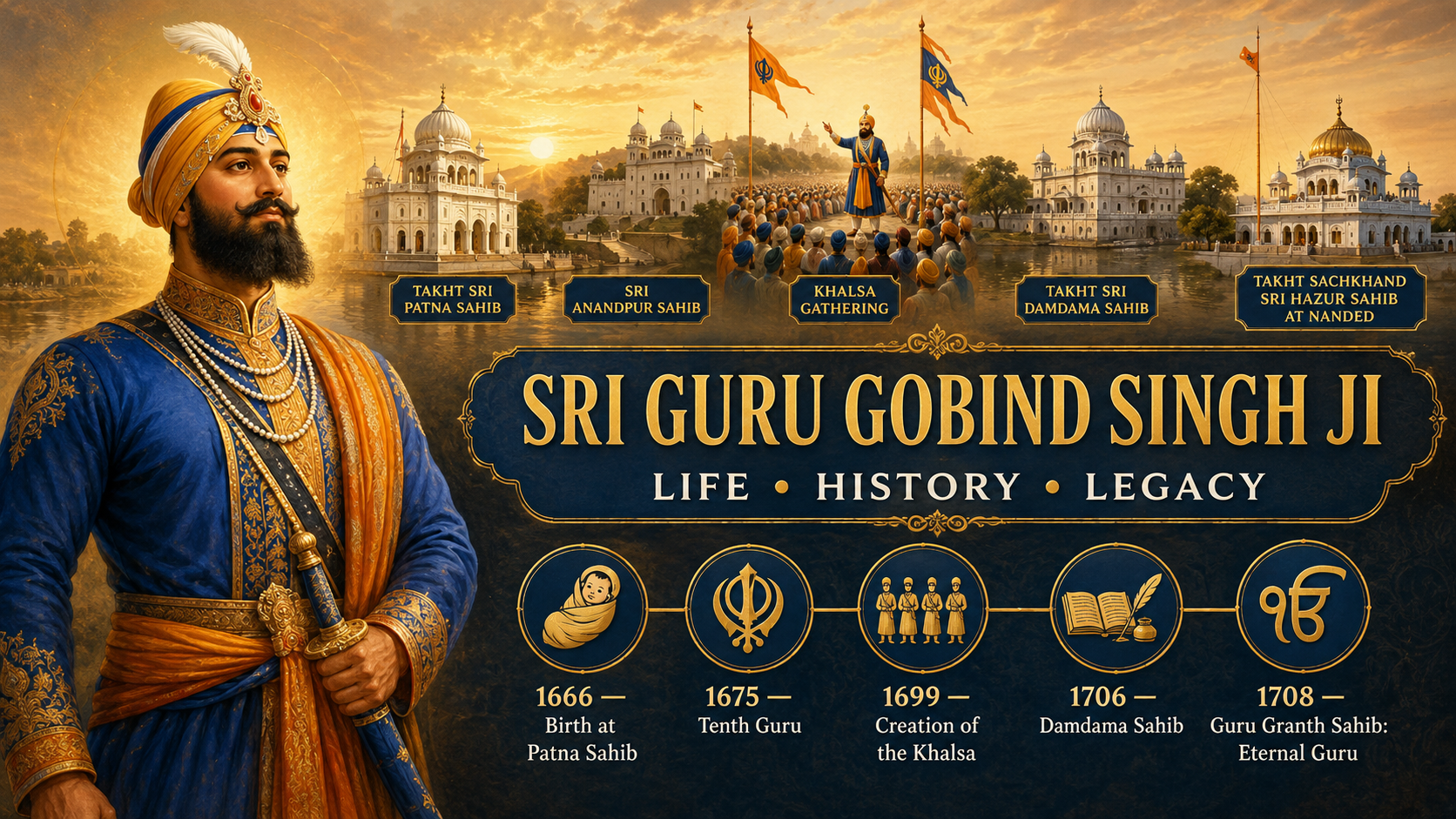 Illustrative artwork and timeline panel about Sri Guru Gobind Singh Ji, showing Takht Sri Patna Sahib, Sri Anandpur Sahib, the Khalsa gathering, Takht Sri Damdama Sahib and Takht Sachkhand Sri Hazur Sahib at Nanded, with the years 1666, 1675, 1699, 1706 and 1708.