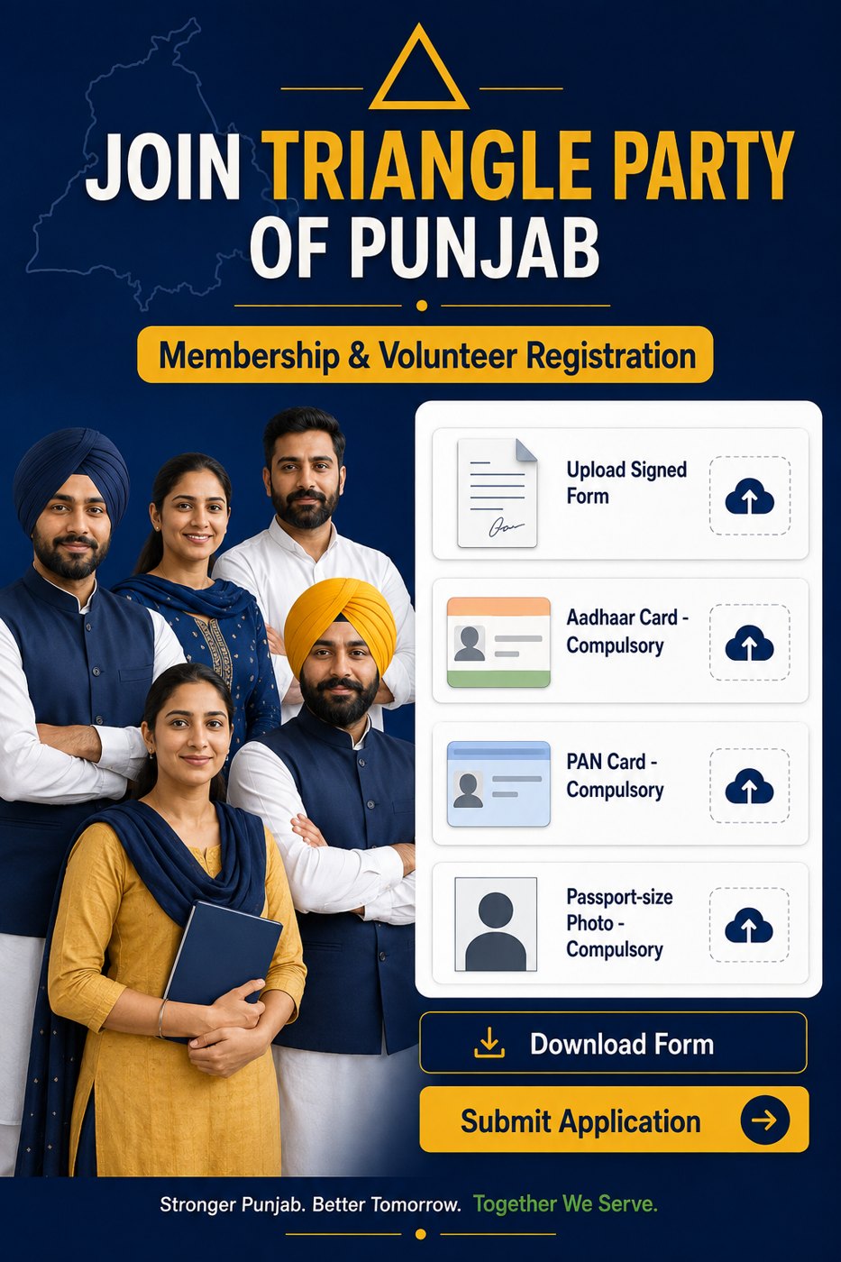 Join Triangle Party of Punjab — membership and volunteer registration poster showing party workers and the document upload steps.