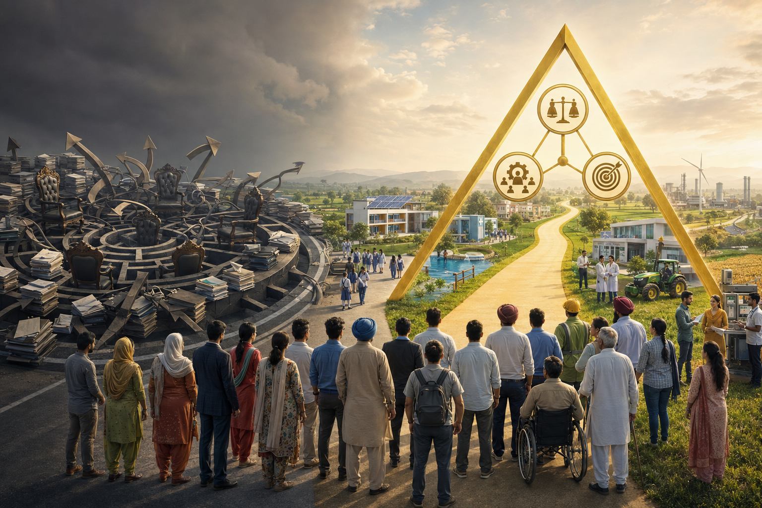 Citizens of Punjab from many walks of life, including farmers, students, professionals and a person using a wheelchair, stand at a crossroads. On the left a dark grey maze of empty thrones and stacked files; on the right a bright golden path passing through a golden triangle of equality, management and discipline towards schools, hospitals, clean water, farms and modern industry.